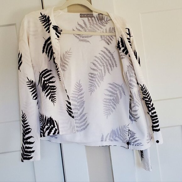 Kate Hill White Cardigan with Black Fern Leaves Imprints. Size S - Picture 13 of 13